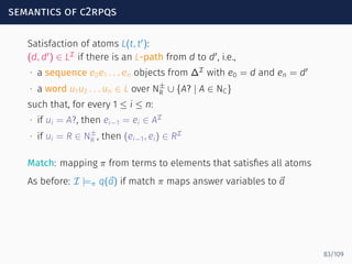 semantics of c2rpqs
Satisfaction of atoms L(t, t′
):
(d, d′
) ∈ LI
if there is an L-path from d to d′
, i.e.,
∙ a sequence e0e1 . . . en objects from ∆I
with e0 = d and en = d′
∙ a word u1u2 . . . un ∈ L over N±
R ∪ {A? | A ∈ NC}
such that, for every 1 ≤ i ≤ n:
∙ if ui = A?, then ei−1 = ei ∈ AI
∙ if ui = R ∈ N±
R , then (ei−1, ei) ∈ RI
Match: mapping π from terms to elements that satisﬁes all atoms
As before: I |=π q(⃗a) if match π maps answer variables to ⃗a
83/109
 
