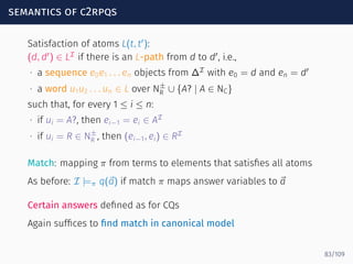 semantics of c2rpqs
Satisfaction of atoms L(t, t′
):
(d, d′
) ∈ LI
if there is an L-path from d to d′
, i.e.,
∙ a sequence e0e1 . . . en objects from ∆I
with e0 = d and en = d′
∙ a word u1u2 . . . un ∈ L over N±
R ∪ {A? | A ∈ NC}
such that, for every 1 ≤ i ≤ n:
∙ if ui = A?, then ei−1 = ei ∈ AI
∙ if ui = R ∈ N±
R , then (ei−1, ei) ∈ RI
Match: mapping π from terms to elements that satisﬁes all atoms
As before: I |=π q(⃗a) if match π maps answer variables to ⃗a
Certain answers deﬁned as for CQs
Again sufﬁces to ﬁnd match in canonical model
83/109
 