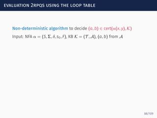 evaluation 2rpqs using the loop table
Non-deterministic algorithm to decide (a, b) ∈ cert(α(x, y), K)
Input: NFA α = (S, Σ, δ, s0, F), KB K = (T , A), (a, b) from A
88/109
 