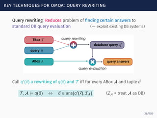 key techniques for omqa: query rewriting
Query rewriting: Reduces problem of ﬁnding certain answers to
standard DB query evaluation (⇝ exploit existing DB systems)
+
query rewriting
+
+
query evaluation
TBox T
query
ABox
q
database query q0
query answersA
Call q′
(⃗x) a rewriting of q(⃗x) and T iff for every ABox A and tuple ⃗a
T , A |= q(⃗a) ⇔ ⃗a ∈ ans(q′
(⃗x), IA) (IA = treat A as DB)
26/109
 