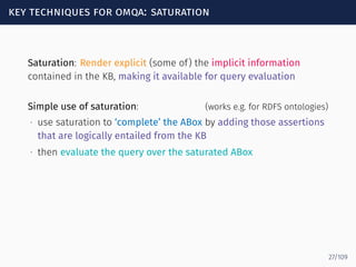 key techniques for omqa: saturation
Saturation: Render explicit (some of) the implicit information
contained in the KB, making it available for query evaluation
Simple use of saturation: (works e.g. for RDFS ontologies)
∙ use saturation to ‘complete’ the ABox by adding those assertions
that are logically entailed from the KB
∙ then evaluate the query over the saturated ABox
27/109
 