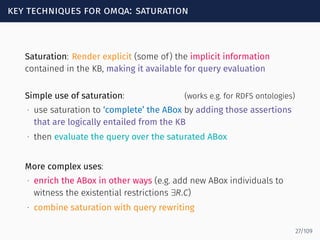 key techniques for omqa: saturation
Saturation: Render explicit (some of) the implicit information
contained in the KB, making it available for query evaluation
Simple use of saturation: (works e.g. for RDFS ontologies)
∙ use saturation to ‘complete’ the ABox by adding those assertions
that are logically entailed from the KB
∙ then evaluate the query over the saturated ABox
More complex uses:
∙ enrich the ABox in other ways (e.g. add new ABox individuals to
witness the existential restrictions ∃R.C)
∙ combine saturation with query rewriting
27/109
 