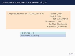 computing subsumees: an example (1/3)
ComputeSubsumees on (T , Dish), where T : ItalDish ⊑ Dish
VegDish ⊑ Dish
Dish ⊑ ∃hasIngred
∃hasCourse−
⊑ Dish
hasMain ⊑ hasCourse
hasDessert ⊑ hasCourse
Examined = ∅
Subsumees = {Dish}
35/109
 