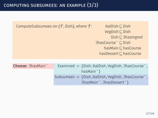 computing subsumees: an example (3/3)
ComputeSubsumees on (T , Dish), where T : ItalDish ⊑ Dish
VegDish ⊑ Dish
Dish ⊑ ∃hasIngred
∃hasCourse−
⊑ Dish
hasMain ⊑ hasCourse
hasDessert ⊑ hasCourse
Choose: ∃hasMain−
Examined = {Dish, ItalDish, VegDish, ∃hasCourse−
,
hasMain−
}
Subsumees = {Dish, ItalDish, VegDish, ∃hasCourse−
,
∃hasMain−
, ∃hasDessert−
}
37/109
 