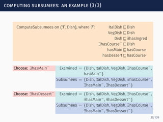 computing subsumees: an example (3/3)
ComputeSubsumees on (T , Dish), where T : ItalDish ⊑ Dish
VegDish ⊑ Dish
Dish ⊑ ∃hasIngred
∃hasCourse−
⊑ Dish
hasMain ⊑ hasCourse
hasDessert ⊑ hasCourse
Choose: ∃hasMain−
Examined = {Dish, ItalDish, VegDish, ∃hasCourse−
,
hasMain−
}
Subsumees = {Dish, ItalDish, VegDish, ∃hasCourse−
,
∃hasMain−
, ∃hasDessert−
}
Choose: ∃hasDessert−
Examined = {Dish, ItalDish, VegDish, ∃hasCourse−
,
∃hasMain−
, ∃hasDessert−
}
Subsumees = {Dish, ItalDish, VegDish, ∃hasCourse−
,
∃hasMain−
, ∃hasDessert−
}
37/109
 