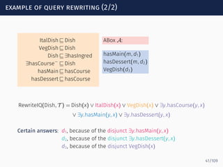 example of query rewriting (2/2)
ItalDish ⊑ Dish
VegDish ⊑ Dish
Dish ⊑ ∃hasIngred
∃hasCourse−
⊑ Dish
hasMain ⊑ hasCourse
hasDessert ⊑ hasCourse
ABox A:
hasMain(m, d1)
hasDessert(m, d2)
VegDish(d3)
RewriteIQ(Dish, T ) = Dish(x) ∨ ItalDish(x) ∨ VegDish(x) ∨ ∃y.hasCourse(y, x)
∨ ∃y.hasMain(y, x) ∨ ∃y.hasDessert(y, x)
Certain answers: d1, because of the disjunct ∃y.hasMain(y, x)
d2, because of the disjunct ∃y.hasDessert(y, x)
d3, because of the disjunct VegDish(x)
41/109
 
