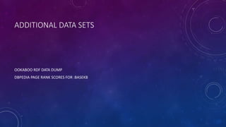 ADDITIONAL DATA SETS
OOKABOO RDF DATA DUMP
DBPEDIA PAGE RANK SCORES FOR :BASEKB
 