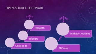 OPEN-SOURCE SOFTWARE
Centipede
Infovore
Telepath
RDFeasy
birthday_machine
 