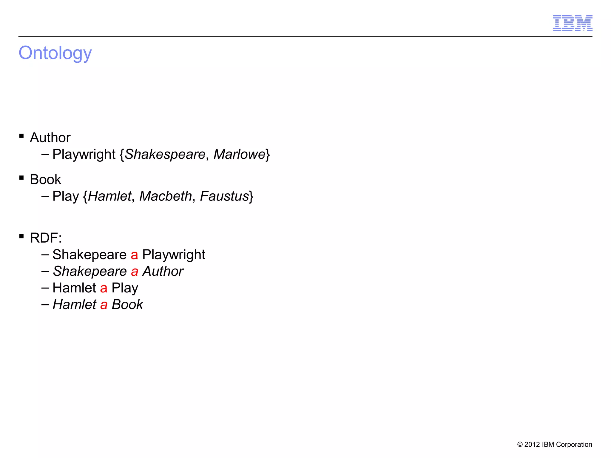 Ontology



 Author
   – Playwright {Shakespeare, Marlowe}
 Book
   – Play {Hamlet, Macbeth, Faustus}

 RDF:
   – Shakepeare a Playwright
   – Shakepeare a Author
   – Hamlet a Play
   – Hamlet a Book




                                         © 2012 IBM Corporation
 