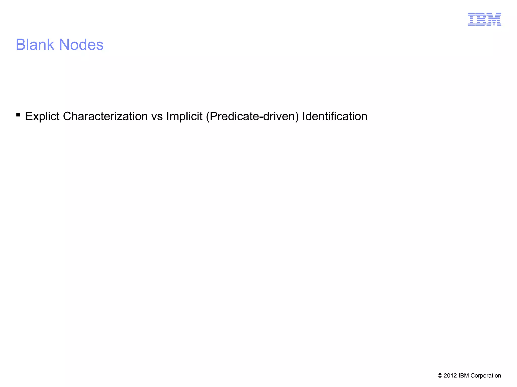 Blank Nodes



 Explict Characterization vs Implicit (Predicate-driven) Identification




                                                                           © 2012 IBM Corporation
 