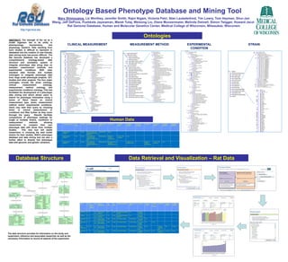 Ontology Based Phenotype Database and Mining Tool Mary Shimoyama,Liz Worthey, Jennifer Smith, Rajni Nigam, Victoria Petri, Stan Laulederkind, Tim Lowry, Tom Hayman, Shur-Jen Wang, Jeff DePons, Pushkala Jayaraman, Marek Tutaj, Weisong Liu, Diane Munzenmaier, Melinda Dwinell, Simon Twigger, Howard Jacob Rat Genome Database, Human and Molecular Genetics Center, Medical College of Wisconsin, Milwaukee, Wisconsin Ontologies ABSTRACT: The strength of the rat as a model organism lies in its utility in pharmacology, biochemistry, and physiology research. Data resulting from such studies is difficult to represent in databases and the creation of user-friendly data mining tools has proven difficult.  The Rat Genome Database has developed a comprehensive ontology-based data structure and annotation system to integrate phenotype data along data on samples, measurement methods and experimental conditions. RGD uses standard data formats and multiple ontologies to integrate phenotype data from large scale phenotype projects, QTL studies and other projects. The four major ontologies include the strain ontology, clinical measurement ontology, measurement method ontology and experimental conditions ontology. This has facilitated the development of a phenotype data mining tool which allows users to search for phenotype information using a series of filters based on clinical measurement type, strain, measurement method and/or experimental conditions.  Users may start their query by choosing strain or clinical measurement or conditions and filter further as they move through the query.  Results facilitate comparisons of phenotype readings for single or multiple strains, conditions or measurement methods allowing researchers to compare their own phenotype data with those from multiple studies.  This new tool will assist researchers in choosing the best model strains for their studies. RGD’s phenotype database and data mining tool are also a further effort to directly link phenotype data with genomic and genetic variations.  CLINICAL MEASUREMENT MEASUREMENT METHOD EXPERIMENTAL CONDITION STRAIN Human Data Database Structure Data Retrieval and Visualization – Rat Data The data structure provides for information on the study and experiment, reference and associated researcher as well as the necessary information to record all aspects of the experiment. 