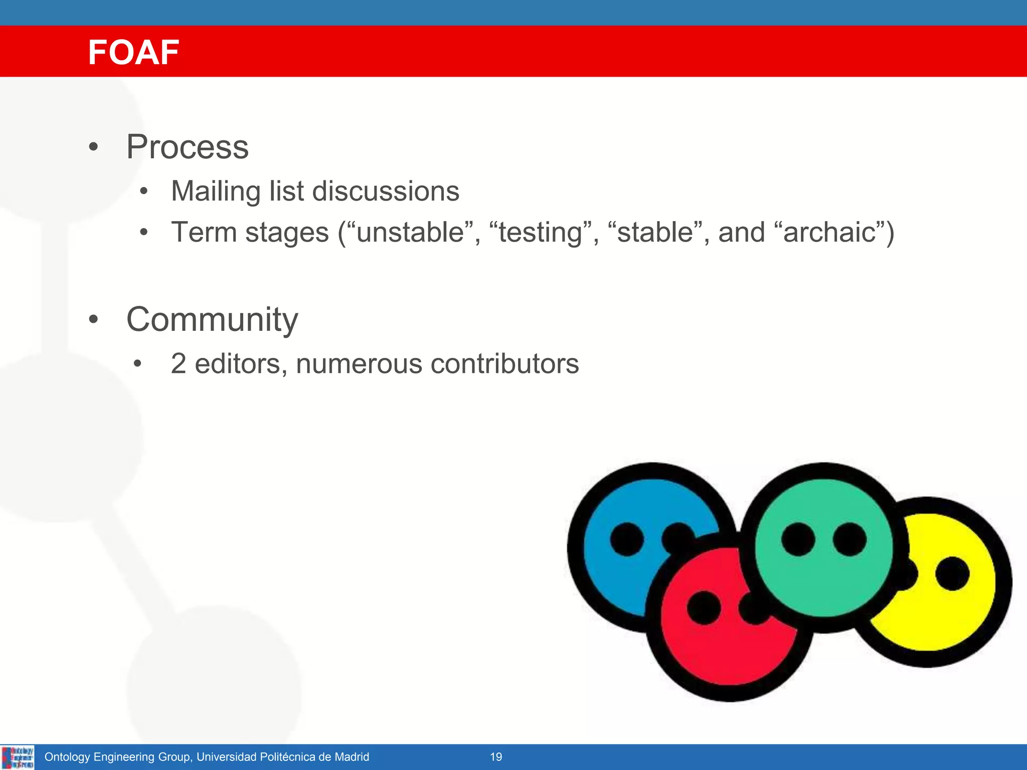 FOAF
• Process
• Mailing list discussions
• Term stages (“unstable”, “testing”, “stable”, and “archaic”)
• Community
• 2 editors, numerous contributors
19Ontology Engineering Group, Universidad Politécnica de Madrid
 
