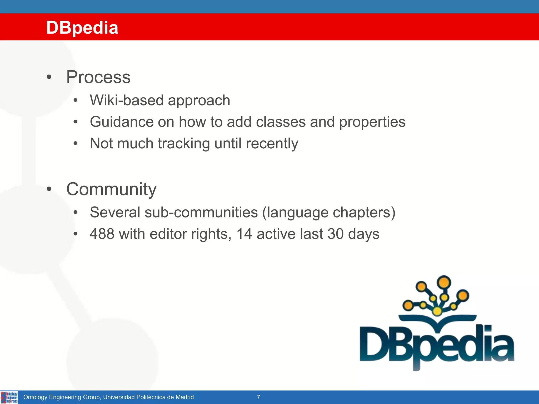 DBpedia
• Process
• Wiki-based approach
• Guidance on how to add classes and properties
• Not much tracking until recently
• Community
• Several sub-communities (language chapters)
• 488 with editor rights, 14 active last 30 days
7Ontology Engineering Group, Universidad Politécnica de Madrid
 