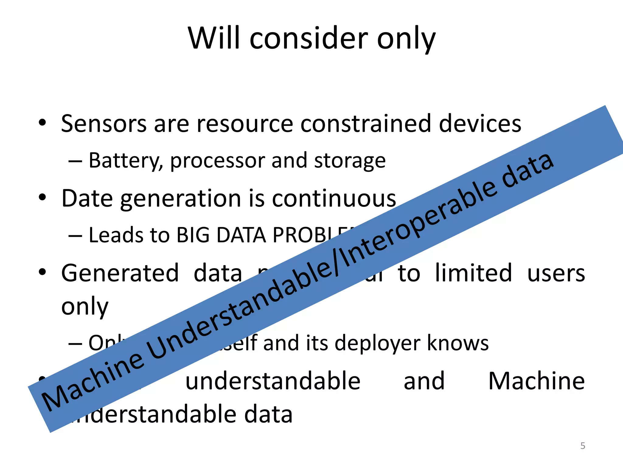 Will consider only • Sensors are resource constrained devices – Battery, processor and storage • Date generation is continuous – Leads to BIG DATA PROBLEM • Generated data meaningful to limited users only – Only sensor itself and its deployer knows • Human understandable and Machine understandable data 5 