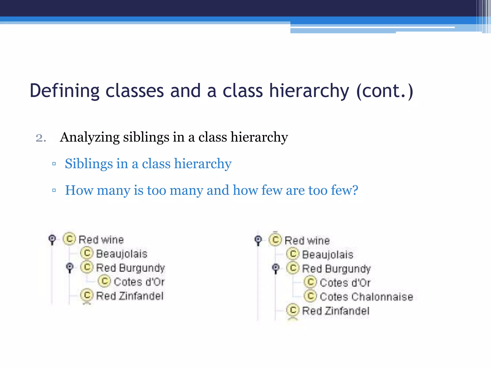 Defining classes and a class hierarchy (cont.) 
2. Analyzing siblings in a class hierarchy 
▫ Siblings in a class hierarchy 
▫ How many is too many and how few are too few? 
 