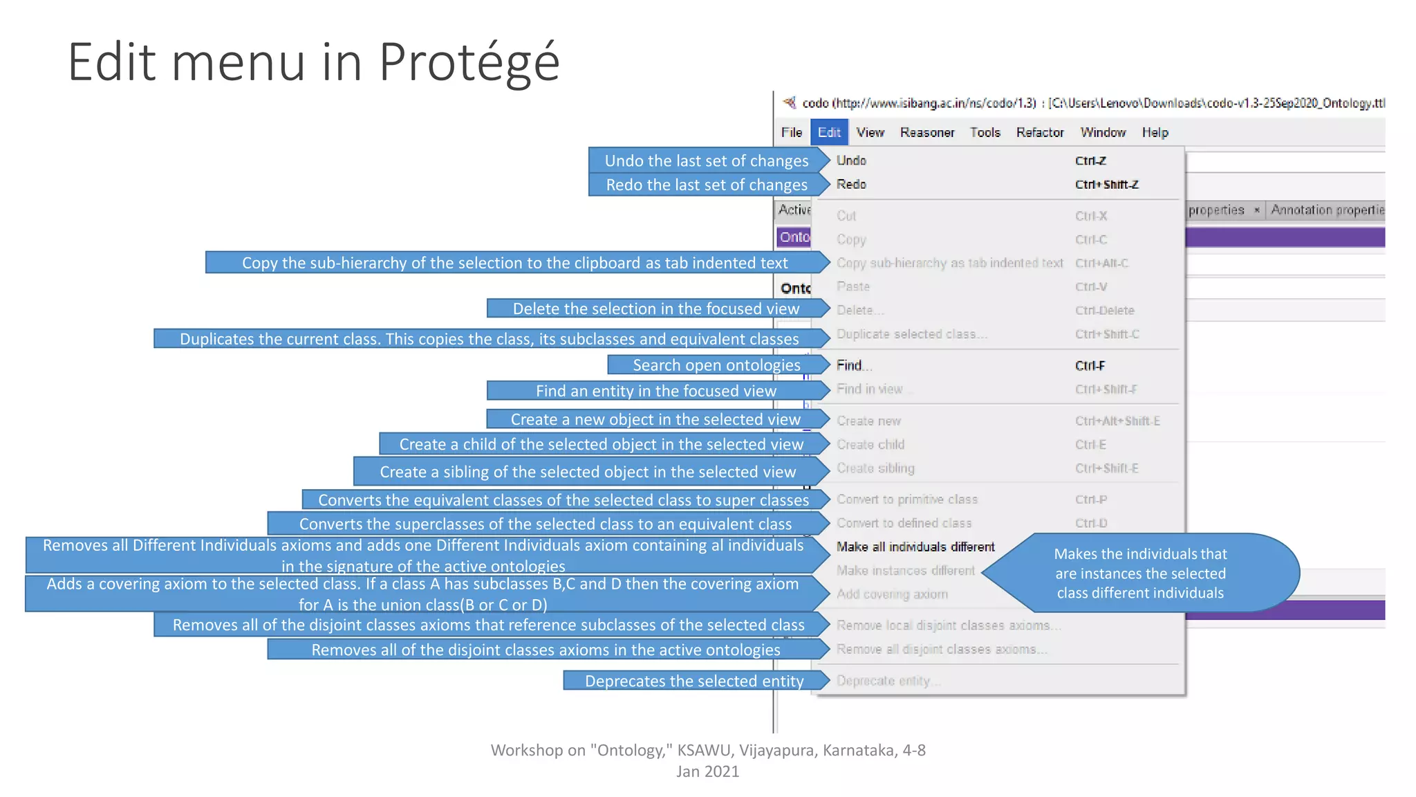 Edit menu in Protégé
Undo the last set of changes
Redo the last set of changes
Copy the sub-hierarchy of the selection to the clipboard as tab indented text
Delete the selection in the focused view
Duplicates the current class. This copies the class, its subclasses and equivalent classes
Search open ontologies
Find an entity in the focused view
Create a new object in the selected view
Create a child of the selected object in the selected view
Create a sibling of the selected object in the selected view
Converts the equivalent classes of the selected class to super classes
Converts the superclasses of the selected class to an equivalent class
Removes all Different Individuals axioms and adds one Different Individuals axiom containing al individuals
in the signature of the active ontologies
Makes the individuals that
are instances the selected
class different individuals
Removes all of the disjoint classes axioms that reference subclasses of the selected class
Removes all of the disjoint classes axioms in the active ontologies
Deprecates the selected entity
Adds a covering axiom to the selected class. If a class A has subclasses B,C and D then the covering axiom
for A is the union class(B or C or D)
Workshop on "Ontology," KSAWU, Vijayapura, Karnataka, 4-8
Jan 2021
 