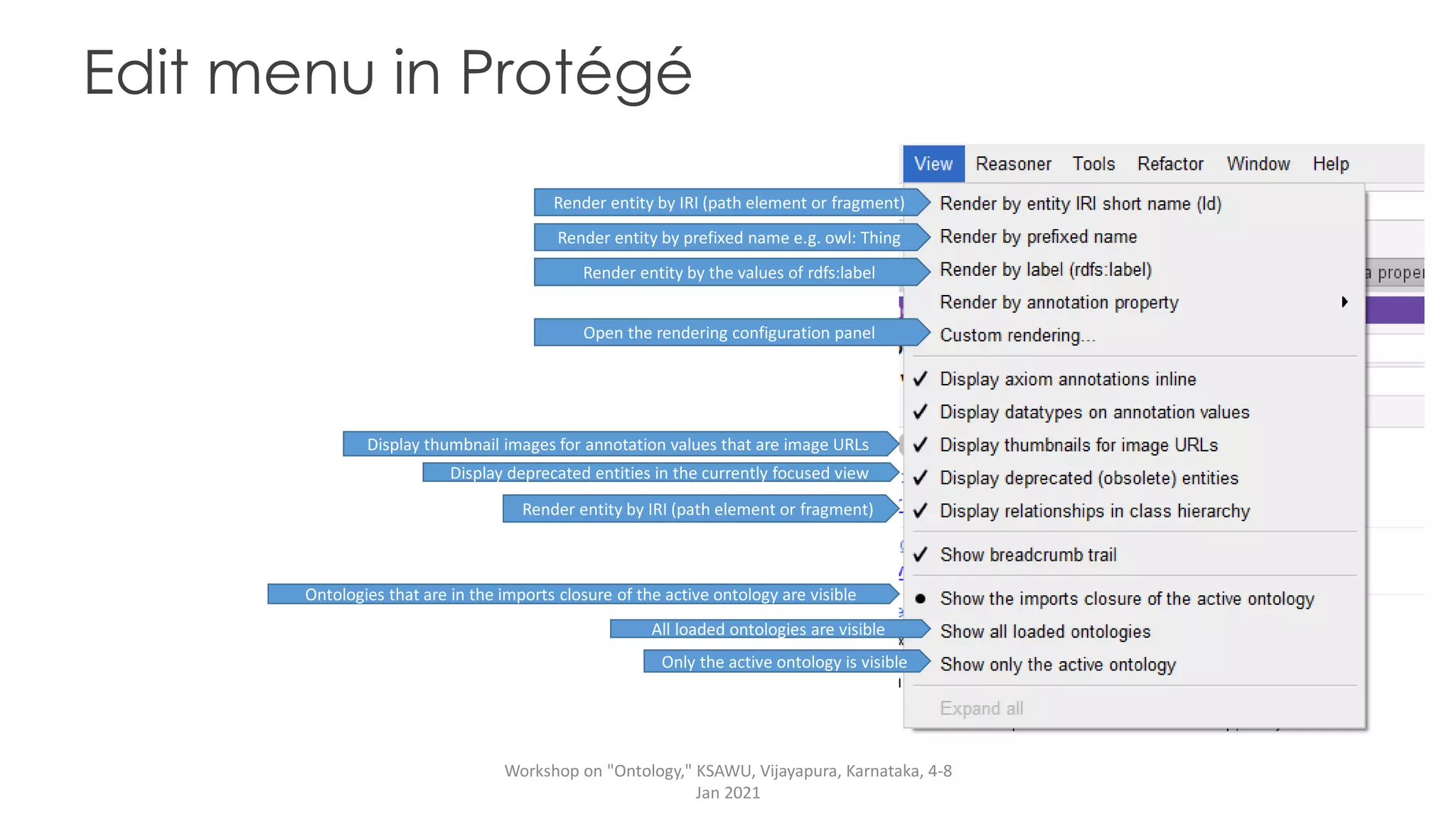 Edit menu in Protégé
Render entity by IRI (path element or fragment)
Render entity by prefixed name e.g. owl: Thing
Render entity by the values of rdfs:label
Open the rendering configuration panel
Display thumbnail images for annotation values that are image URLs
Display deprecated entities in the currently focused view
Render entity by IRI (path element or fragment)
Ontologies that are in the imports closure of the active ontology are visible
All loaded ontologies are visible
Only the active ontology is visible
Workshop on "Ontology," KSAWU, Vijayapura, Karnataka, 4-8
Jan 2021
 
