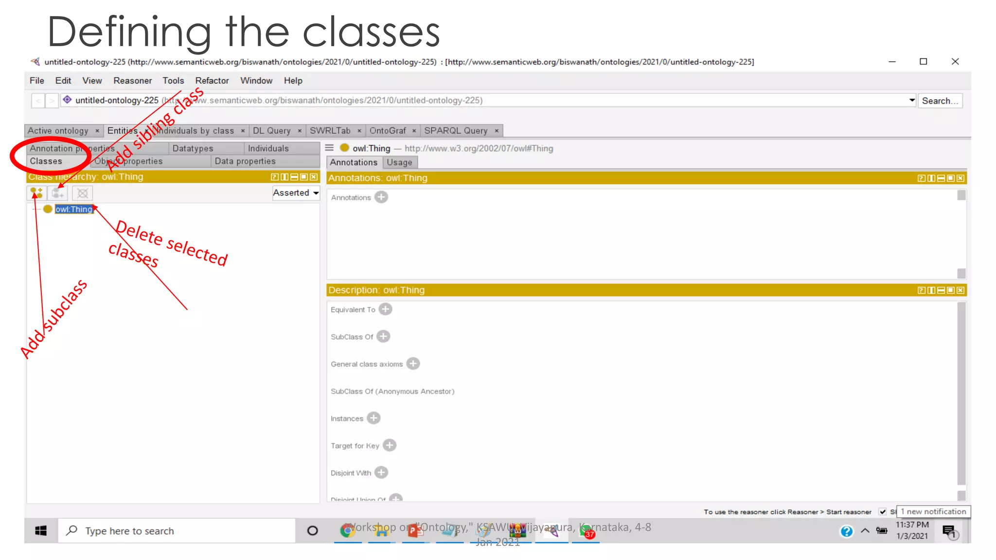 Defining the classes
Workshop on "Ontology," KSAWU, Vijayapura, Karnataka, 4-8
Jan 2021
 