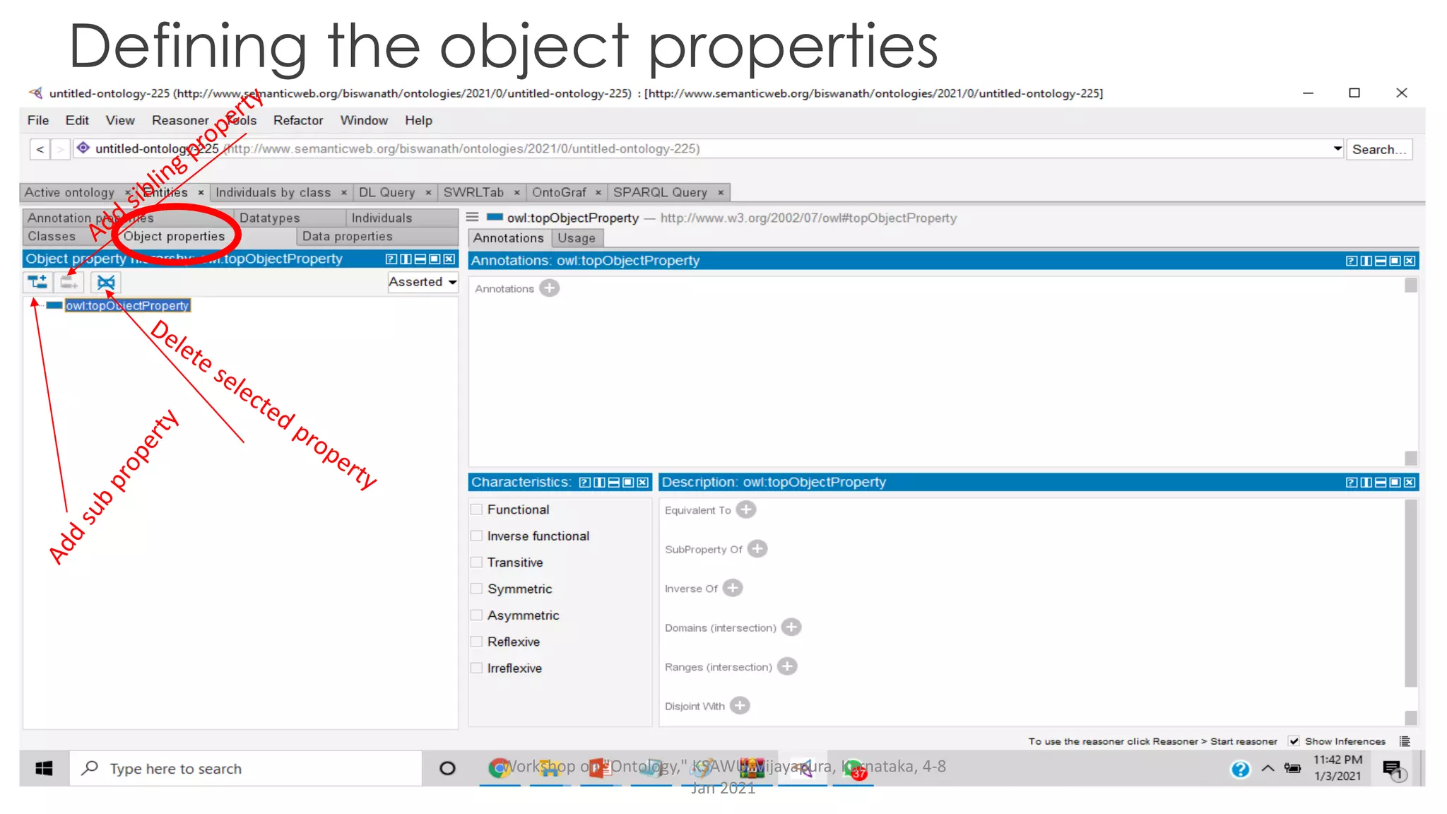 Defining the object properties
Workshop on "Ontology," KSAWU, Vijayapura, Karnataka, 4-8
Jan 2021
 