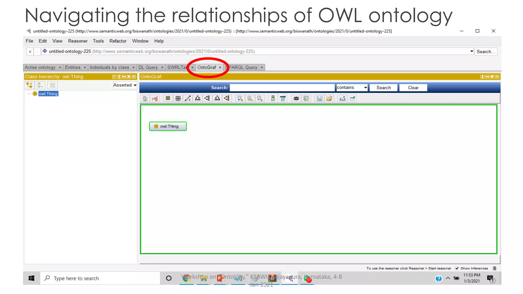 Navigating the relationships of OWL ontology
Workshop on "Ontology," KSAWU, Vijayapura, Karnataka, 4-8
Jan 2021
 