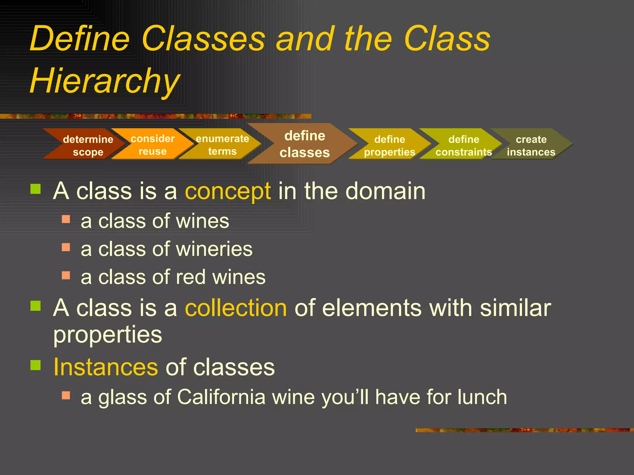 Define Classes and the Class Hierarchy A class is a  concept  in the domain a class of wines a class of wineries a class of red wines A class is a  collection  of elements with similar properties Instances  of classes a glass of California wine you’ll have for lunch consider reuse determine scope define classes define properties define constraints create instances enumerate terms 