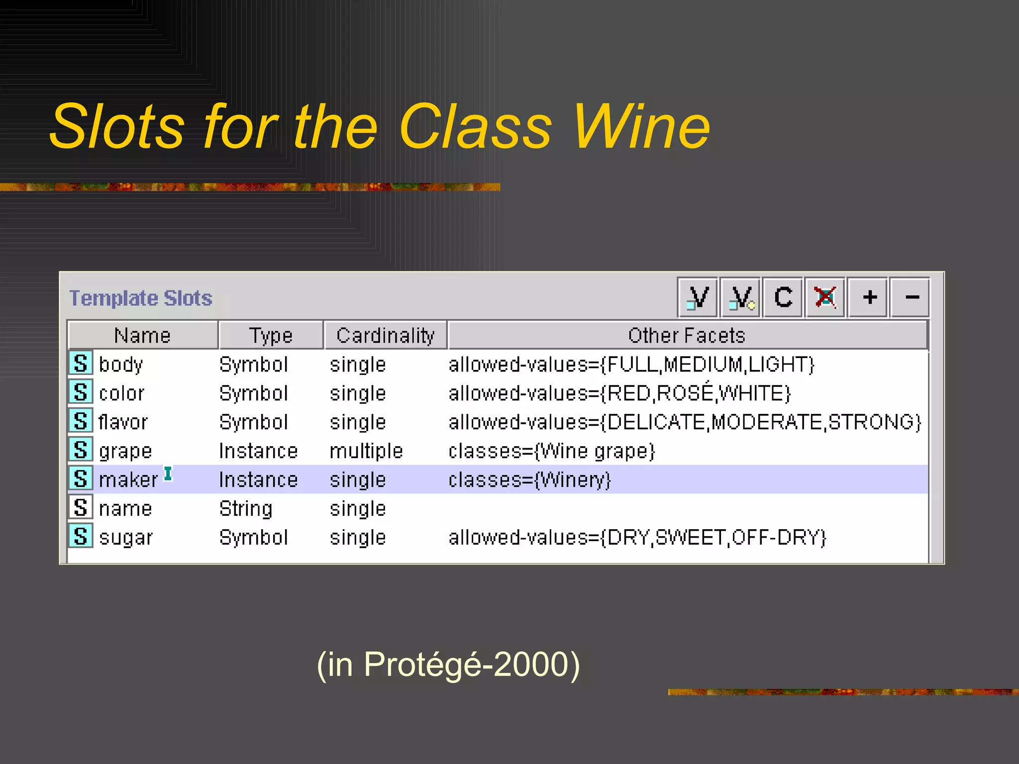 Slots for the Class Wine (in Protégé-2000) 