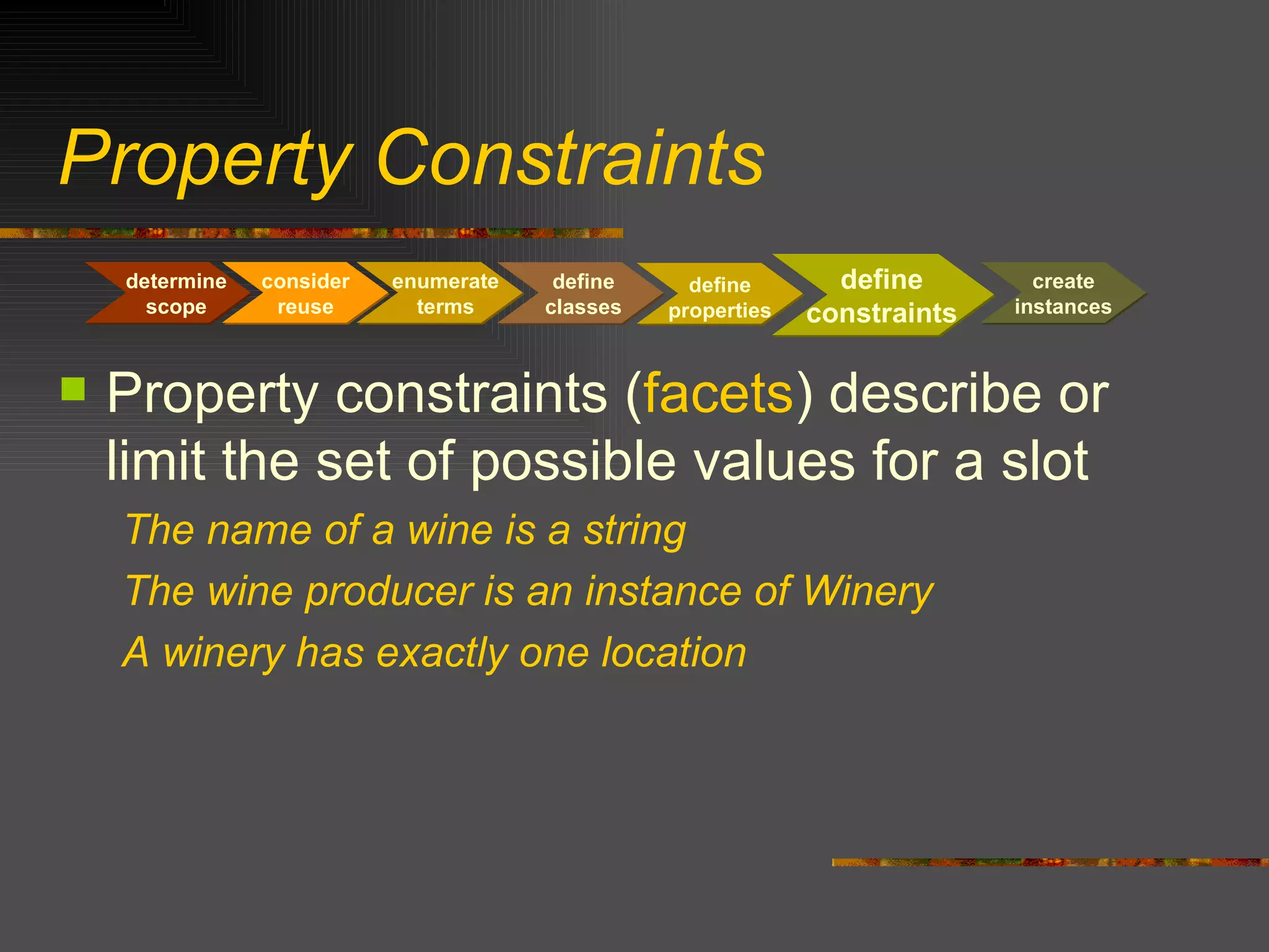 Property Constraints Property constraints ( facets ) describe or limit the set of possible values for a slot The name of a wine is a string The wine producer is an instance of Winery A winery has exactly one location consider reuse determine scope create instances enumerate terms define classes define constraints define properties 