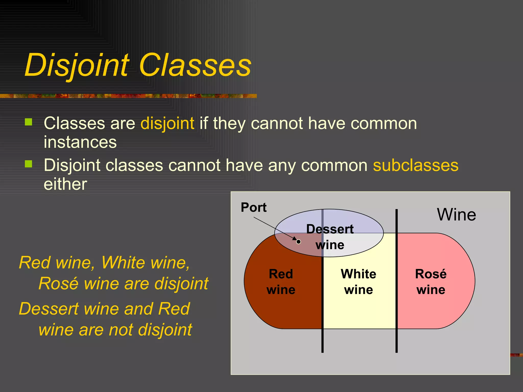 Disjoint Classes Classes are  disjoint  if they cannot have common instances Disjoint classes cannot have any common  subclasses  either Red wine, White wine, Rosé wine are disjoint Dessert wine and Red wine are not disjoint Wine Red wine Rosé wine White wine Dessert wine Port 