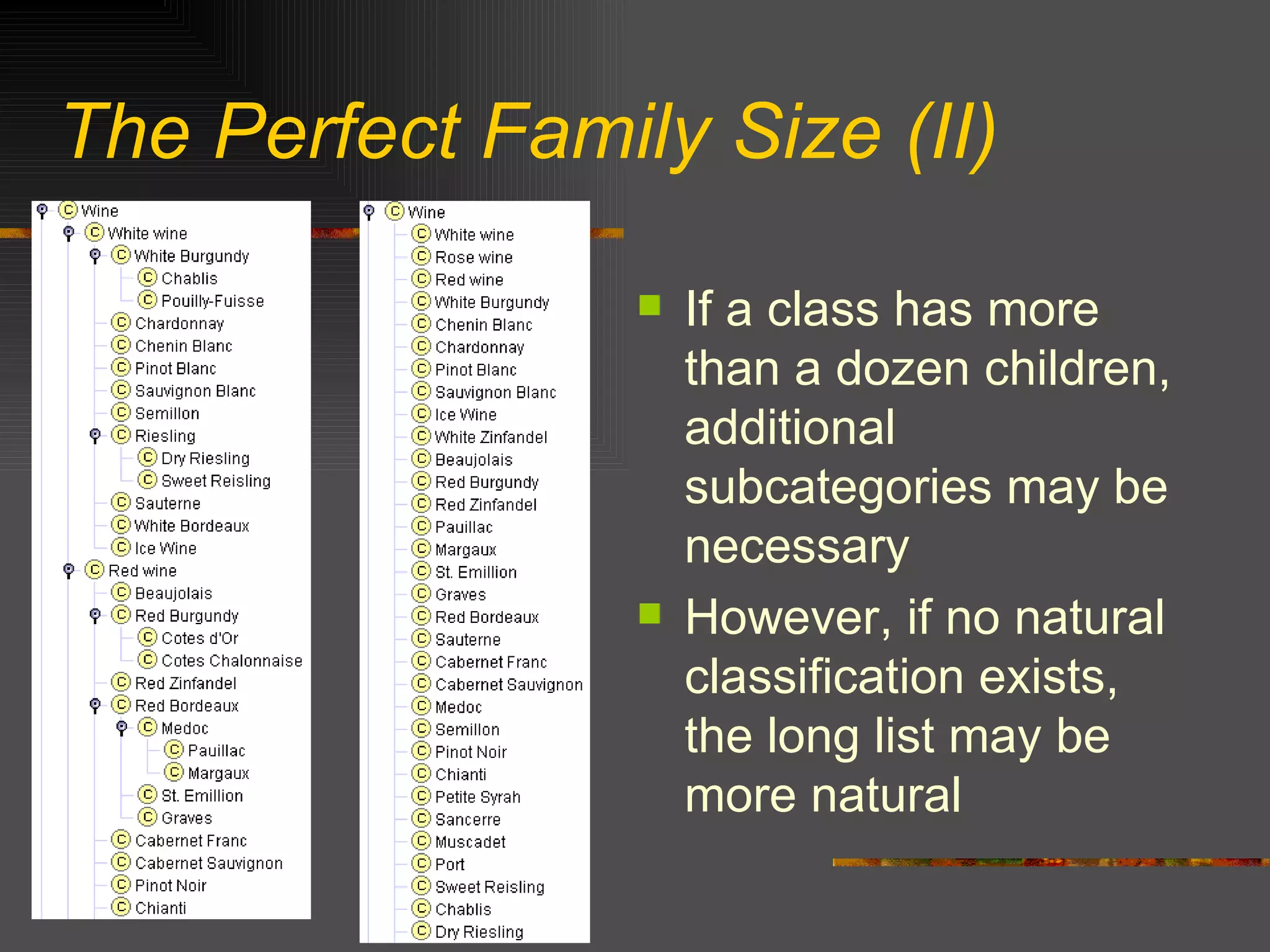 The Perfect Family Size (II) If a class has more than a dozen children, additional subcategories may be necessary However, if no natural classification exists, the long list may be more natural 
