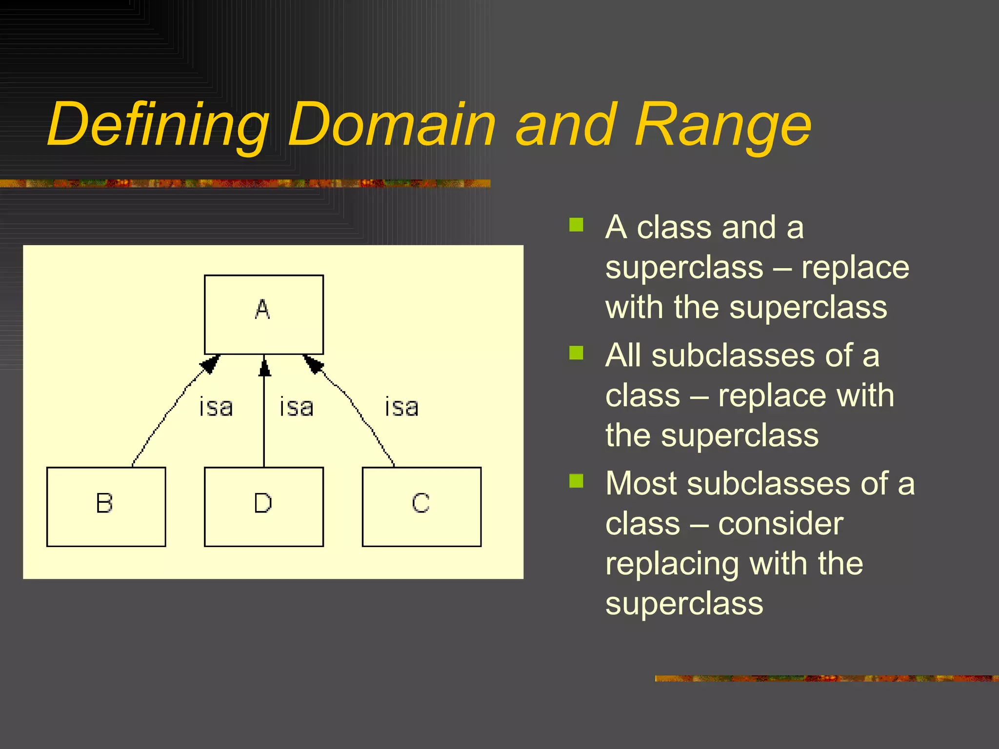 Defining Domain and Range A class and a superclass – replace with the superclass All subclasses of a class – replace with the superclass Most subclasses of a class – consider replacing with the superclass 