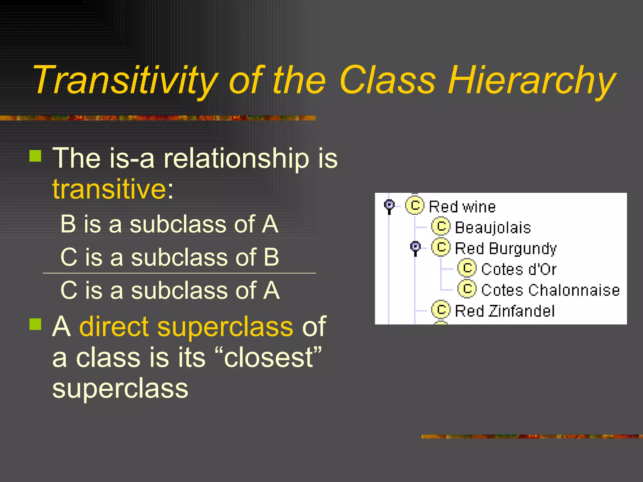 Transitivity of the Class Hierarchy The is-a relationship is  transitive : B is a subclass of A C is a subclass of B C is a subclass of A A  direct superclass  of a class is its “closest” superclass 