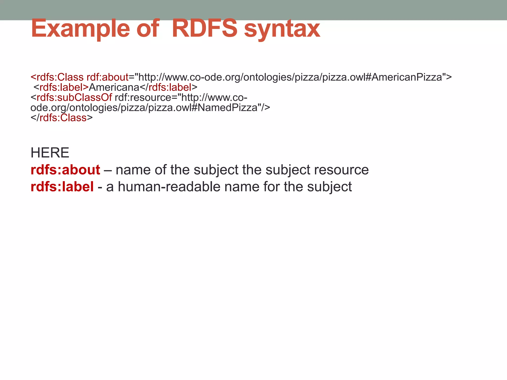 Example of RDFS syntax
<rdfs:Class rdf:about="http://www.co-ode.org/ontologies/pizza/pizza.owl#AmericanPizza">
<rdfs:label>Americana</rdfs:label>
<rdfs:subClassOf rdf:resource="http://www.co-
ode.org/ontologies/pizza/pizza.owl#NamedPizza"/>
</rdfs:Class>
HERE
rdfs:about – name of the subject the subject resource
rdfs:label - a human-readable name for the subject
 
