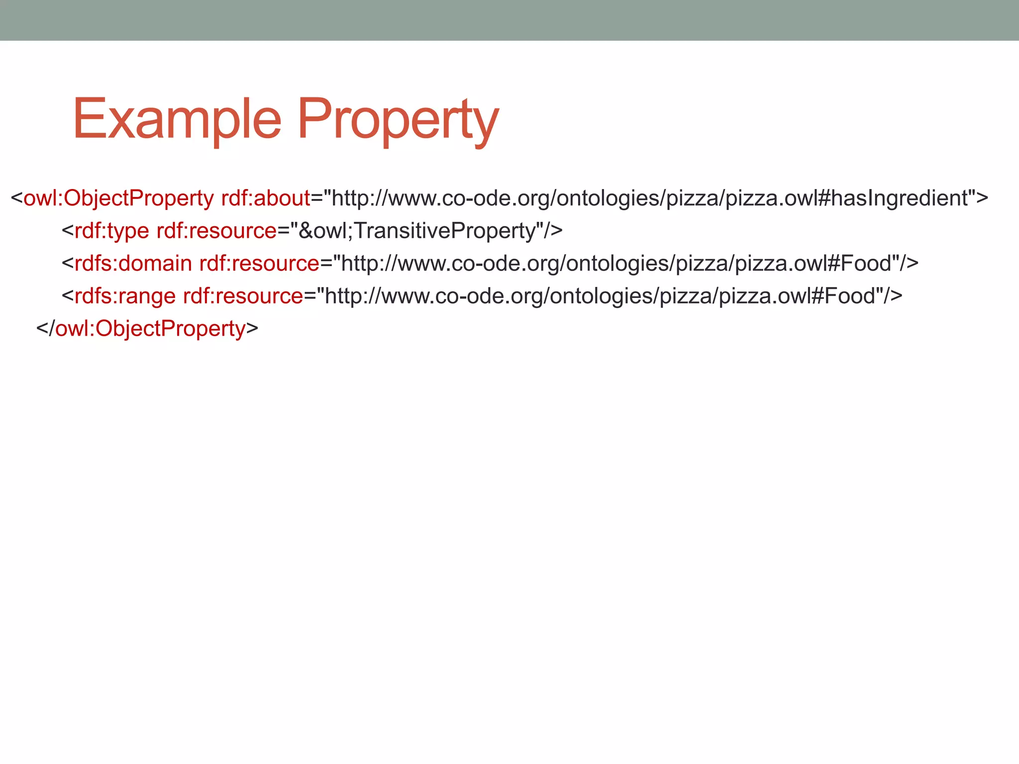 Example Property
<owl:ObjectProperty rdf:about="http://www.co-ode.org/ontologies/pizza/pizza.owl#hasIngredient">
<rdf:type rdf:resource="&owl;TransitiveProperty"/>
<rdfs:domain rdf:resource="http://www.co-ode.org/ontologies/pizza/pizza.owl#Food"/>
<rdfs:range rdf:resource="http://www.co-ode.org/ontologies/pizza/pizza.owl#Food"/>
</owl:ObjectProperty>
 