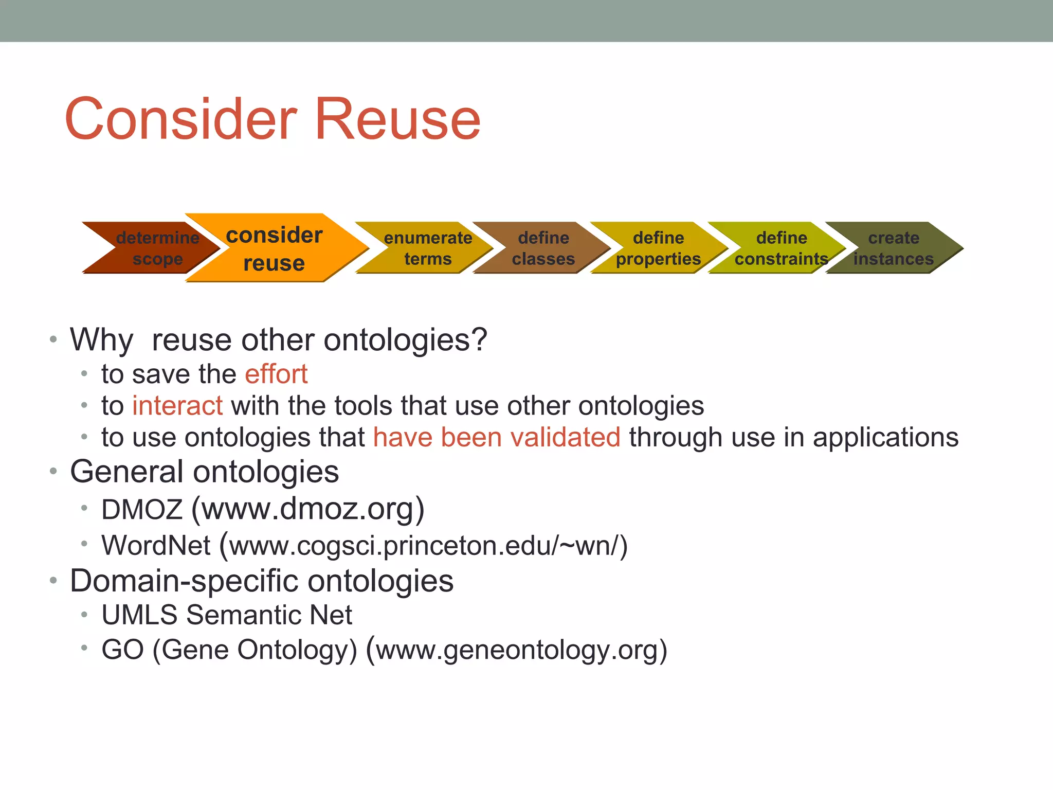Consider Reuse Why  reuse other ontologies? to save the  effort to  interact  with the tools that use other ontologies to use ontologies that  have been validated  through use in applications General ontologies DMOZ  (www.dmoz.org) WordNet  ( www.cogsci.princeton.edu/~wn/) Domain-specific ontologies UMLS Semantic Net GO (Gene Ontology)  ( www.geneontology.org) determine scope consider reuse enumerate terms define classes define properties define constraints create instances 