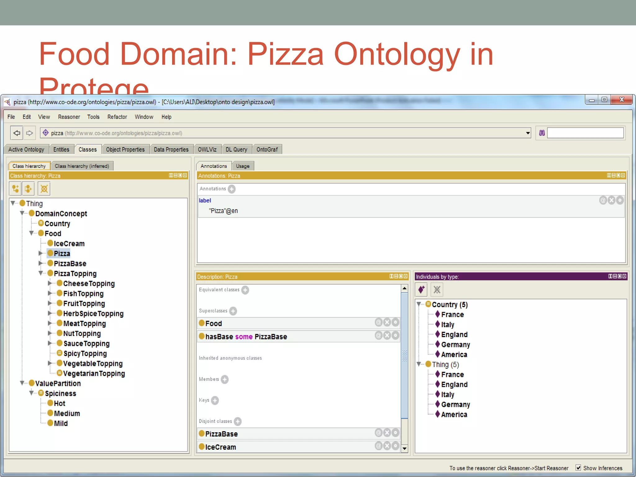 Food Domain: Pizza Ontology in Protege. 