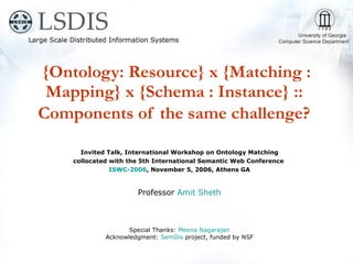 {Ontology: Resource} x {Matching : Mapping} x {Schema : Instance} ::  Components of the same challenge?   Invited Talk, International Workshop on Ontology Matching collocated with the 5th International Semantic Web Conference  ISWC-2006 , November 5, 2006, Athens GA Professor  Amit  Sheth Special Thanks:  Meena   Nagarajan Acknowledgment:  SemDis   project, funded by NSF 