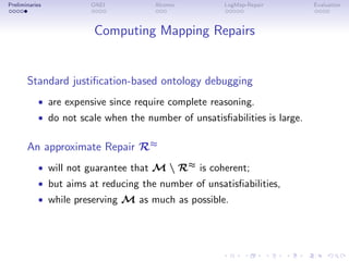 Preliminaries OAEI Alcomo LogMap-Repair Evaluation
Computing Mapping Repairs
Standard justification-based ontology debugging
• are expensive since require complete reasoning.
• do not scale when the number of unsatisfiabilities is large.
An approximate Repair R≈
• will not guarantee that M  R≈ is coherent;
• but aims at reducing the number of unsatisfiabilities,
• while preserving M as much as possible.
 