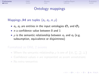 Preliminaries OAEI Alcomo LogMap-Repair Evaluation
Ontology mappings
Mappings M are tuples he1, e2, n, ρi
• e1, e2 are entities in the input ontologies O1 and O2
• n a confidence value between 0 and 1
• ρ is the semantic relationship between e1 and e2 (e.g.
subsumption, equivalence or disjointness)
Formalized as OWL 2 axioms
• Where the semantic relationship ρ is one of {≡, ⊑, ⊒, ⊥}
• Confidence values n are represented as axiom annotations
• No extra semantics
 