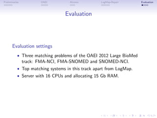 Preliminaries OAEI Alcomo LogMap-Repair Evaluation
Evaluation
Evaluation settings
• Three matching problems of the OAEI 2012 Large BioMed
track: FMA-NCI, FMA-SNOMED and SNOMED-NCI.
• Top matching systems in this track apart from LogMap.
• Server with 16 CPUs and allocating 15 Gb RAM.
 