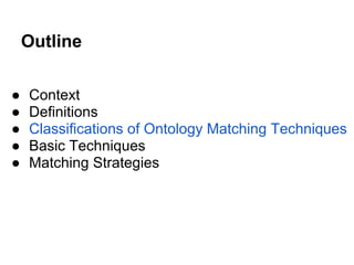 Outline

●   Context
●   Definitions
●   Classifications of Ontology Matching Techniques
●   Basic Techniques
●   Matching Strategies
 