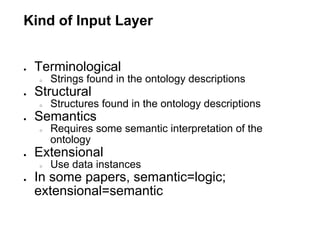 Kind of Input Layer


●   Terminological
    ○   Strings found in the ontology descriptions
●   Structural
    ○   Structures found in the ontology descriptions
●   Semantics
    ○   Requires some semantic interpretation of the
        ontology
●   Extensional
    ○   Use data instances
●   In some papers, semantic=logic;
    extensional=semantic
 