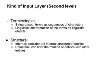 Kind of Input Layer (Second level)


●   Terminological
    ○ String-based: terms as sequences of characters
    ○ Linguistic: interpretation of the terms as linguistic
      objects

● Structural
    ○ Internal: consider the internal structure of entities
    ○ Relational: consider the relation of entities with other
      entities
 