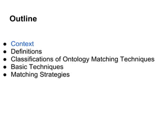 Outline


●   Context
●   Definitions
●   Classifications of Ontology Matching Techniques
●   Basic Techniques
●   Matching Strategies
 