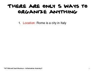 There are only 5 ways to
organize anything
1. Location: Rome is a city in Italy

*HT	
  Richard	
  Saul	
  Wurman	
  -­‐	
  Informa:on	
  Anxiety	
  2

12

 