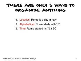 There are only 5 ways to
organize anything
1. Location: Rome is a city in Italy
2. Alphabetical: Rome starts with “R”
3. Time: Rome started in 753 BC

*HT	
  Richard	
  Saul	
  Wurman	
  -­‐	
  Informa:on	
  Anxiety	
  2

12

 