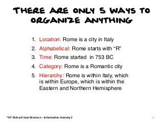There are only 5 ways to
organize anything
1. Location: Rome is a city in Italy
2. Alphabetical: Rome starts with “R”
3. Time: Rome started in 753 BC
4. Category: Rome is a Romantic city
5. Hierarchy: Rome is within Italy, which
is within Europe, which is within the
Eastern and Northern Hemisphere

*HT	
  Richard	
  Saul	
  Wurman	
  -­‐	
  Informa:on	
  Anxiety	
  2

12

 