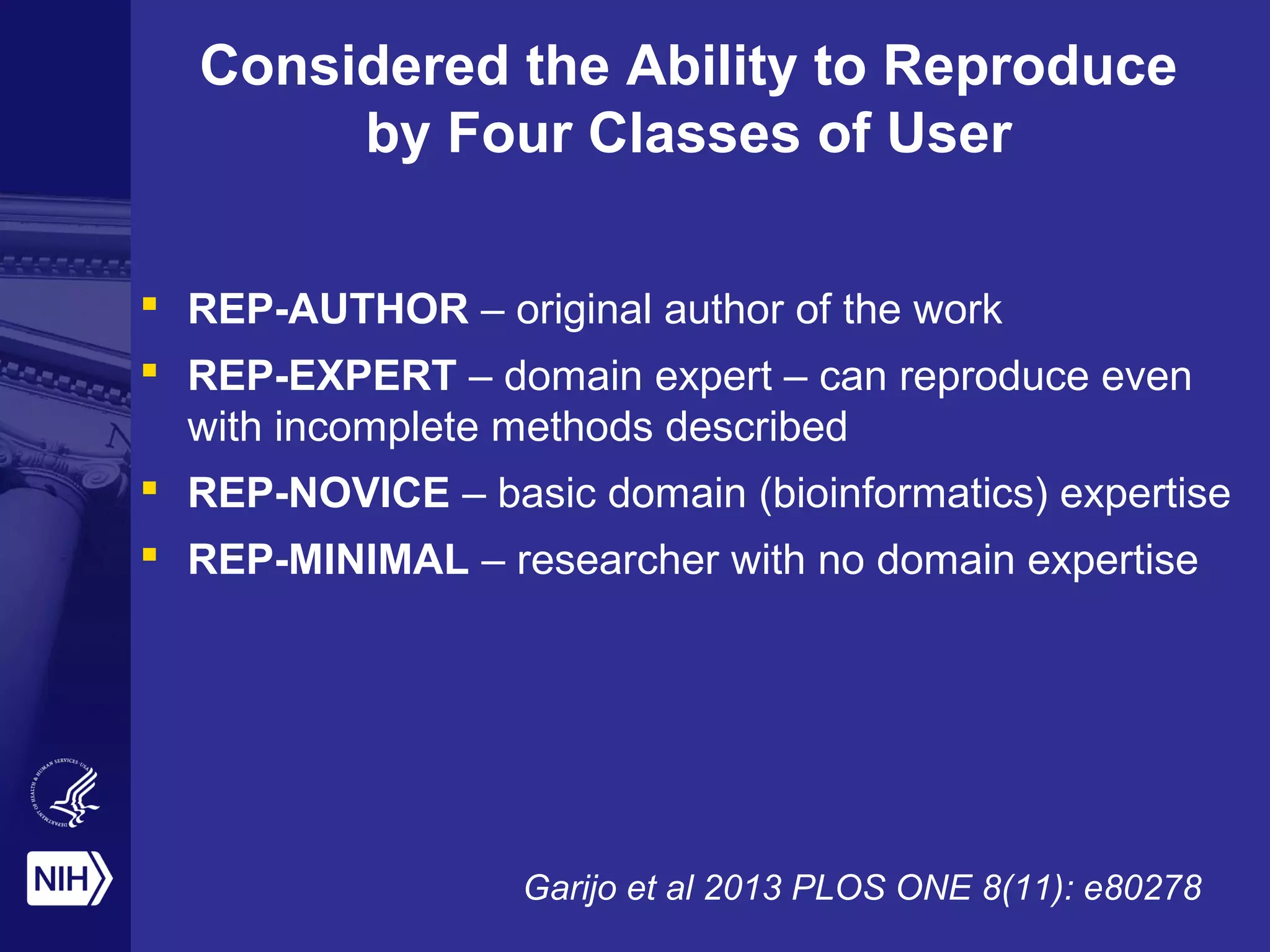 Considered the Ability to Reproduce
by Four Classes of User
 REP-AUTHOR – original author of the work
 REP-EXPERT – domain expert – can reproduce even
with incomplete methods described
 REP-NOVICE – basic domain (bioinformatics) expertise
 REP-MINIMAL – researcher with no domain expertise
Garijo et al 2013 PLOS ONE 8(11): e80278
 