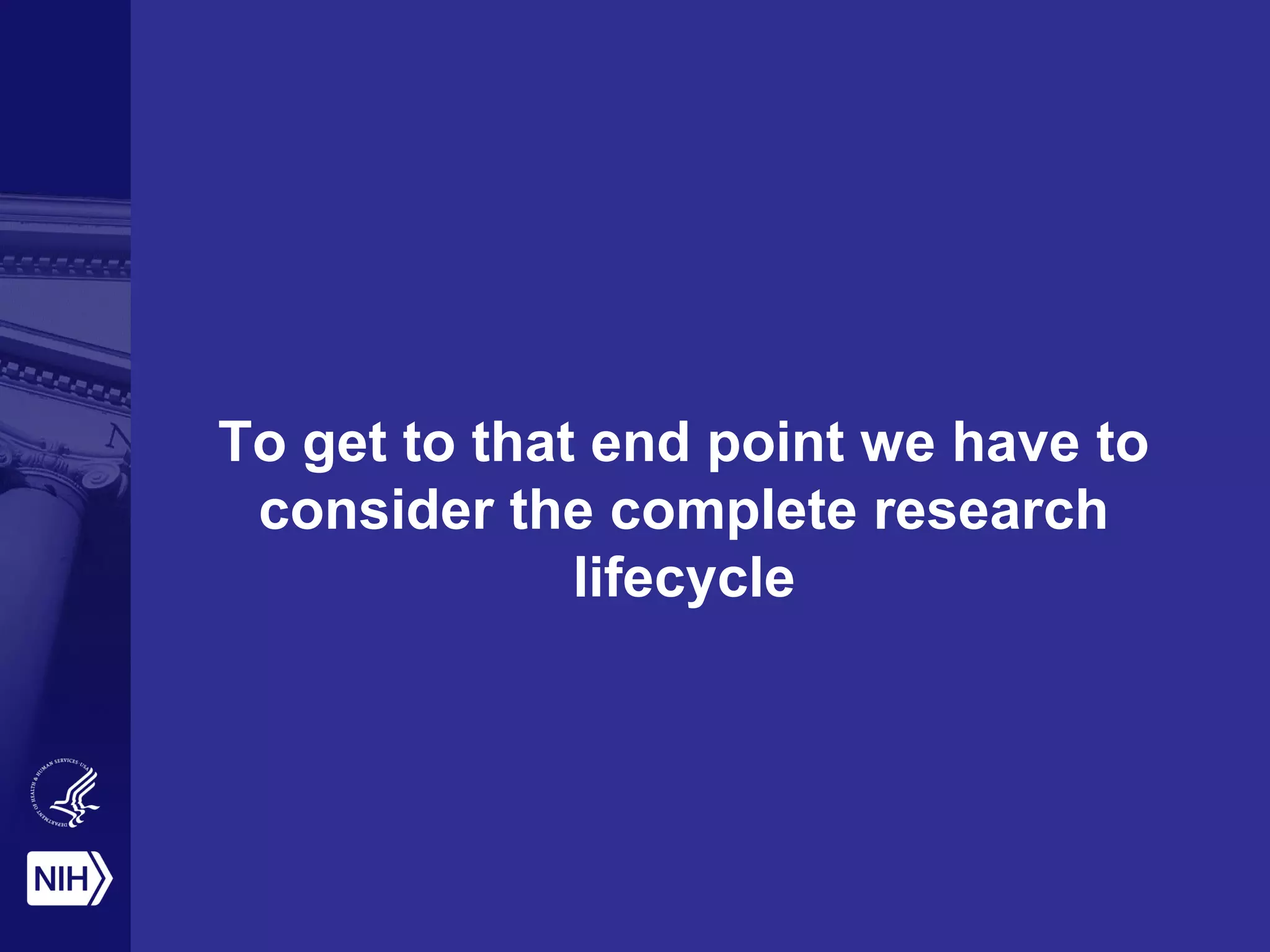 To get to that end point we have to
consider the complete research
lifecycle
 