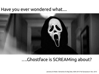 Have you ever wondered what....

….Ghostface is SCREAMing about?
Janowicz & Hitzler; Semantics for Big Data, AAAI 2013 Fall Symposium; Nov. 2013

 