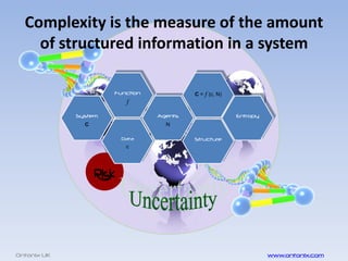 Complexity is the measure of the amount
    of structured information in a system

                      Function            C = f (c, N)
                         f

             System              Agents                  Entropy
               C                   N

                        Data              Structure
                         c




Ontonix UK                                                         www.ontonix.com
 